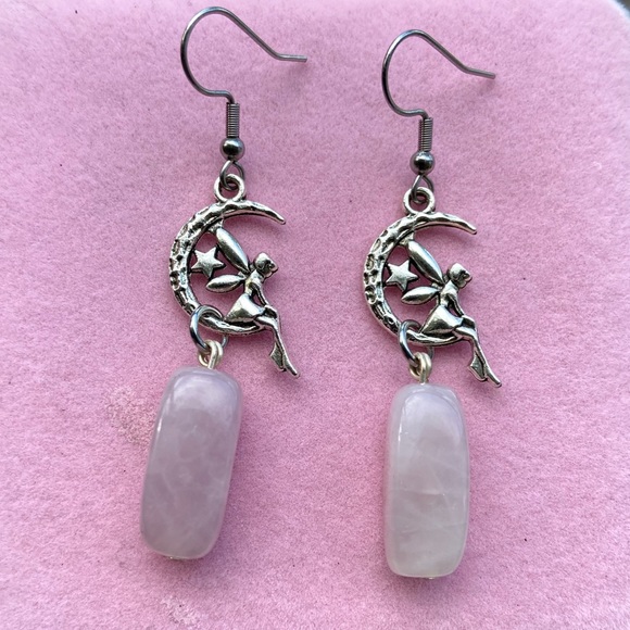 Fairy quartz earrings . Rose quartz silver moon fairy star dangly earrings - Picture 4 of 8